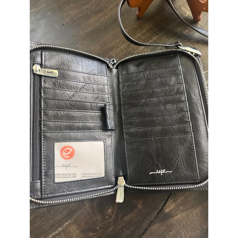 Espe Black Vegan Leather RFID Crossbody Phone Bag Wallet Purse NWOT